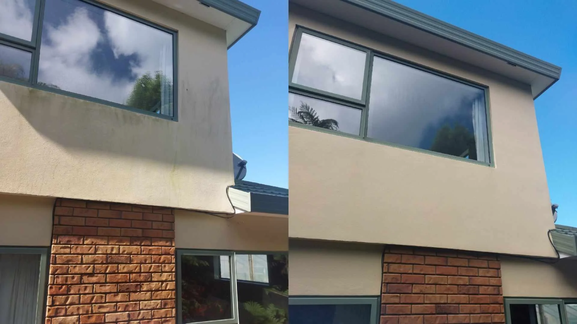 Side-by-side photo of the same two-storey house: algae-streaked stucco before washing on the left, clean stucco after washing on the right